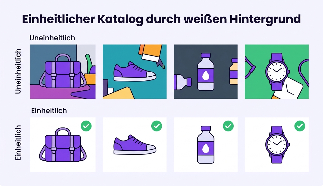 Konzept: ein Produktkatalog als Raster mit einheitlich weißem Hintergrund über alle Artikel