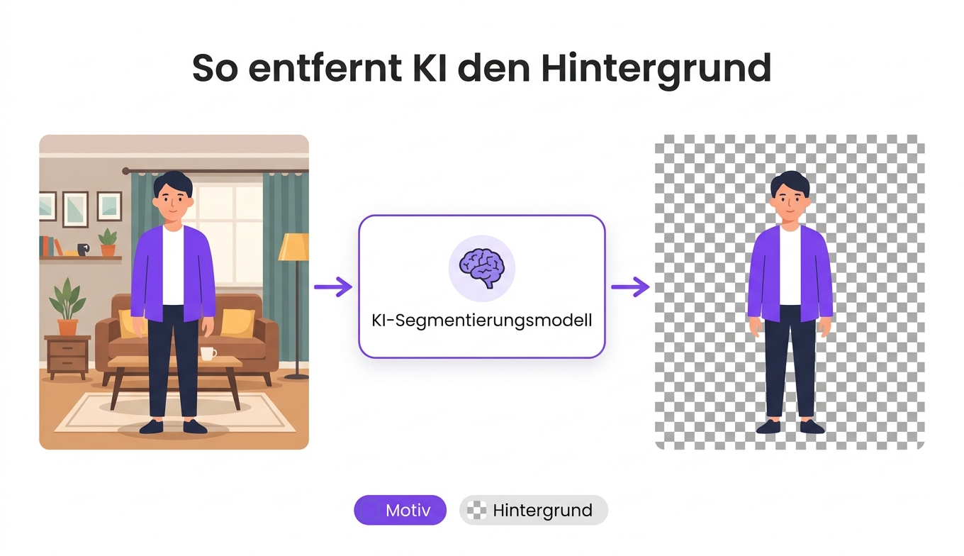 Konzept: KI-Segmentierung trennt Motiv und Hintergrund Pixel für Pixel