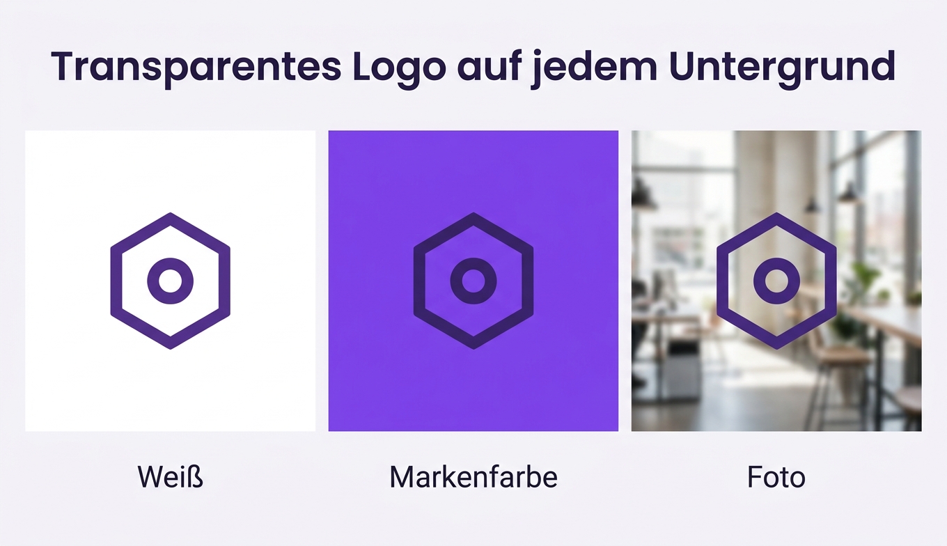 Konzept: dasselbe Logo auf Weiß, auf Markenfarbe und über einem Foto — mit weißem Kasten versus transparent (Konzept)