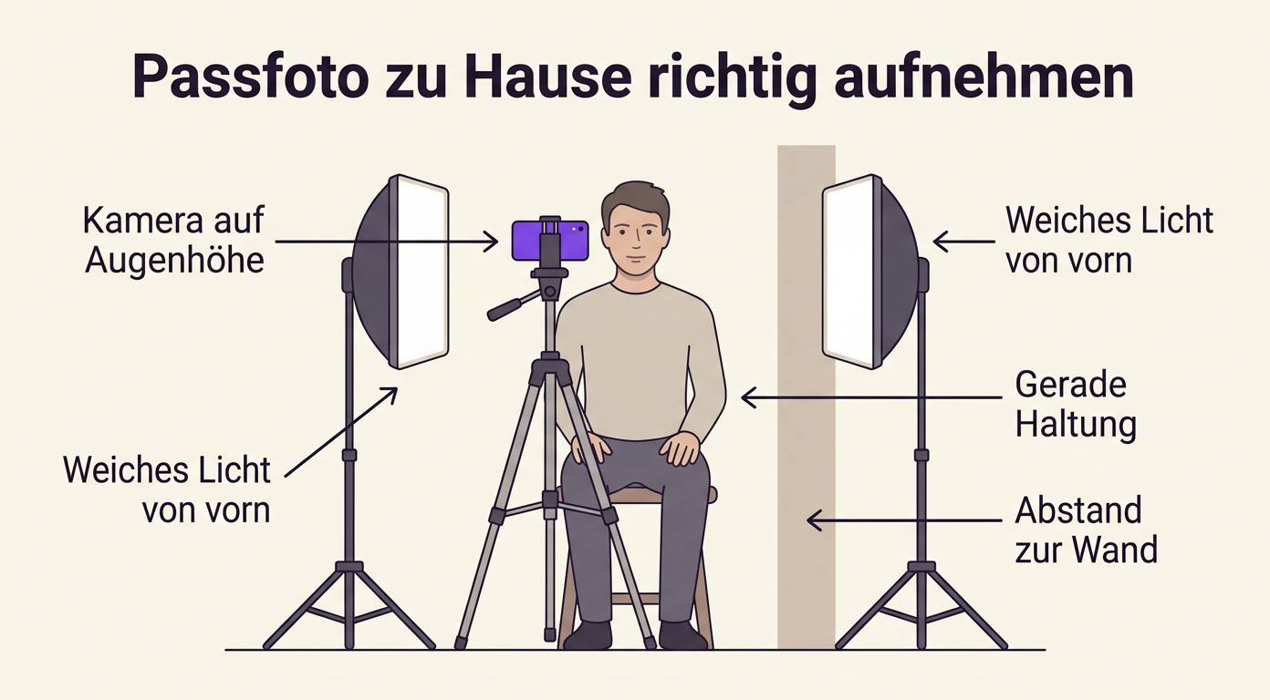 Konzept: Passfoto zu Hause mit Kamera auf Augenhöhe, weichem Licht und Abstand zur Wand aufnehmen