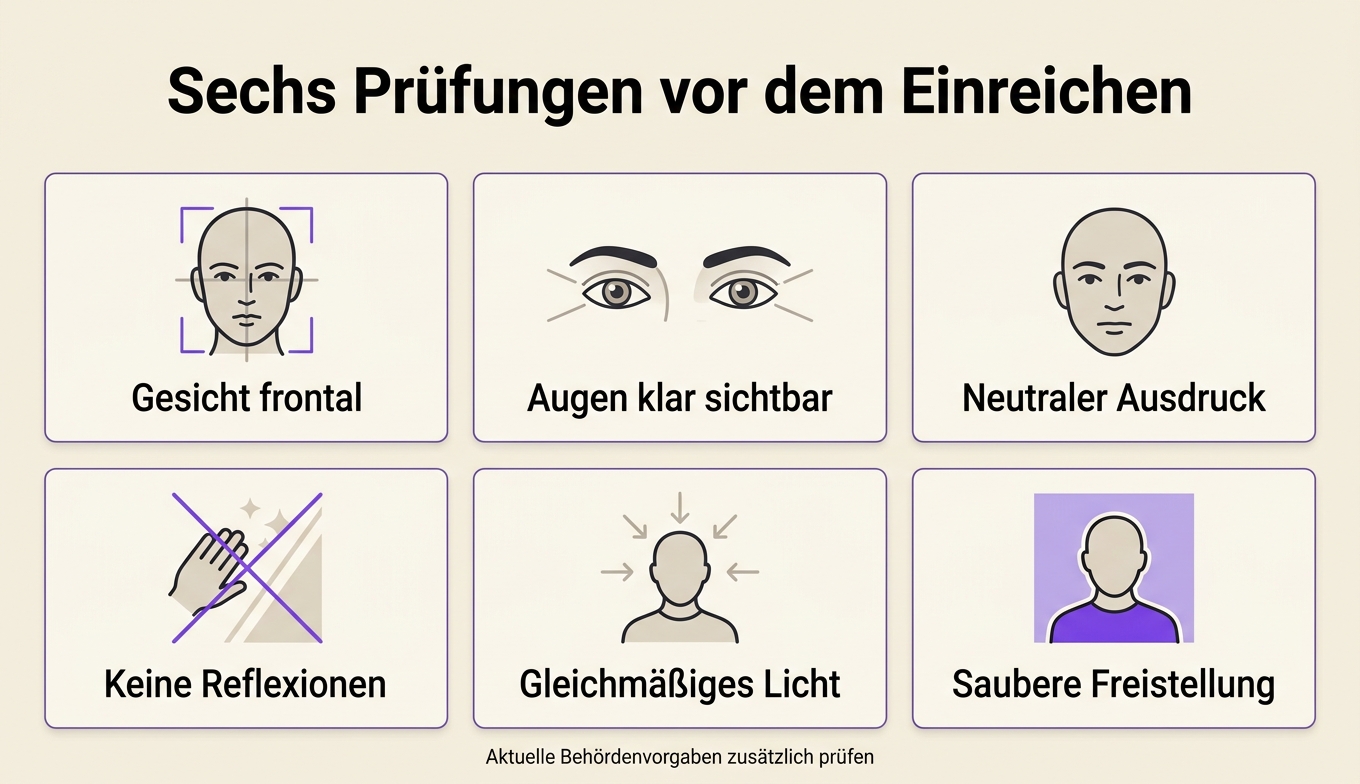 Konzept: Gesicht, Augen, Ausdruck, Brille, Licht und Freistellung eines Passfotos prüfen