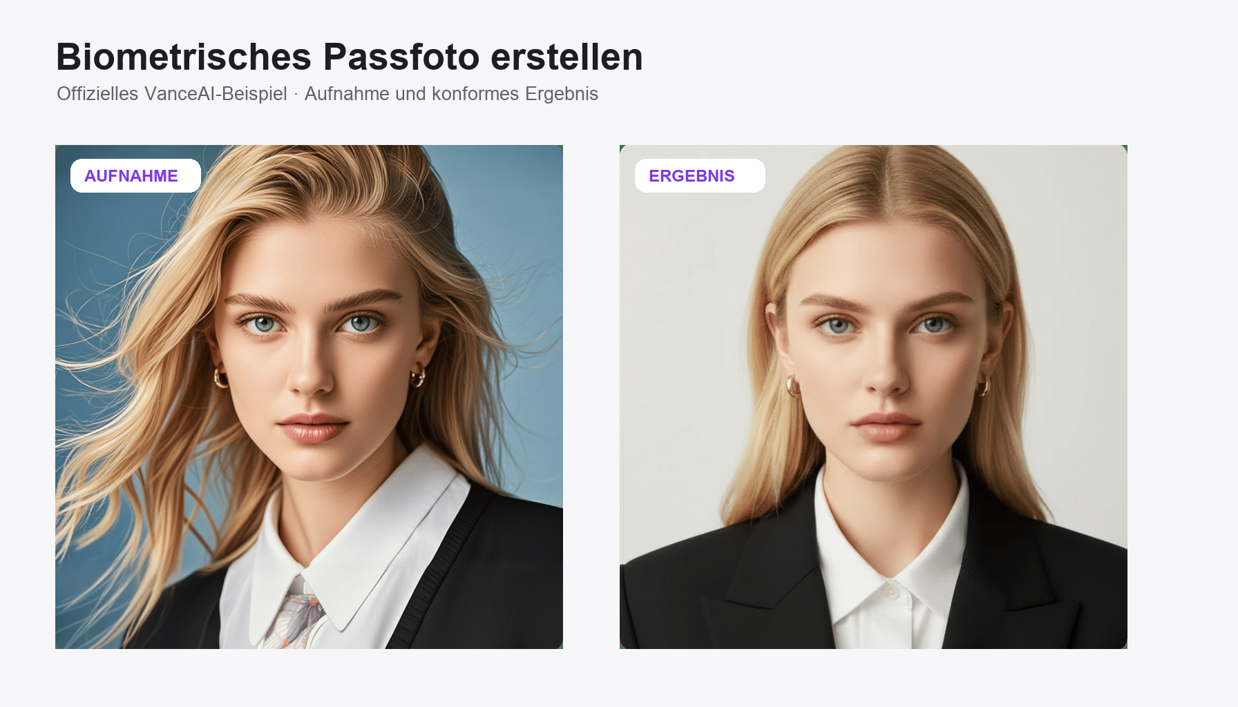 Biometrisches Passfoto erstellen: offizielles VanceAI-Beispiel von Aufnahme und Ergebnis