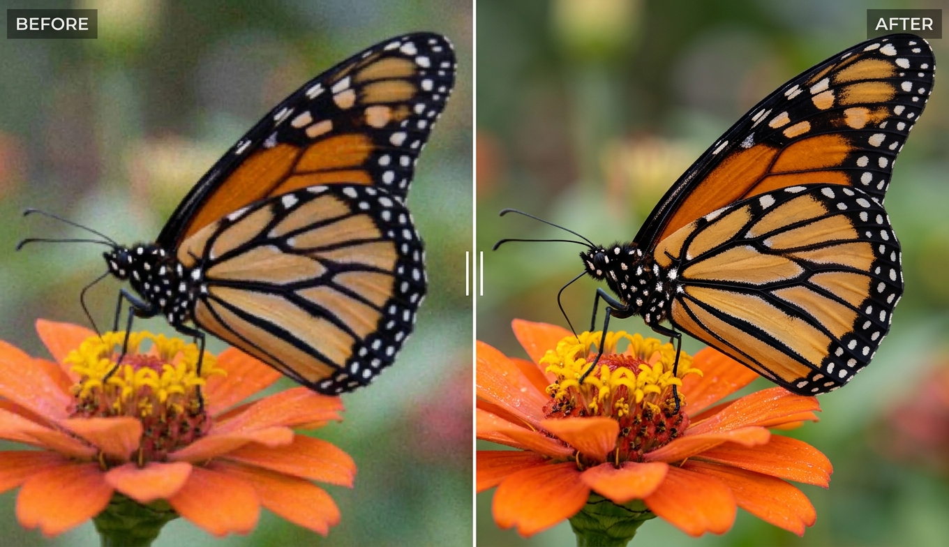 Before and after AI video enhancement of a butterfly macro clip: blurry, dull BEFORE versus razor-sharp, vivid 4K AFTER, shown as an illustrative example