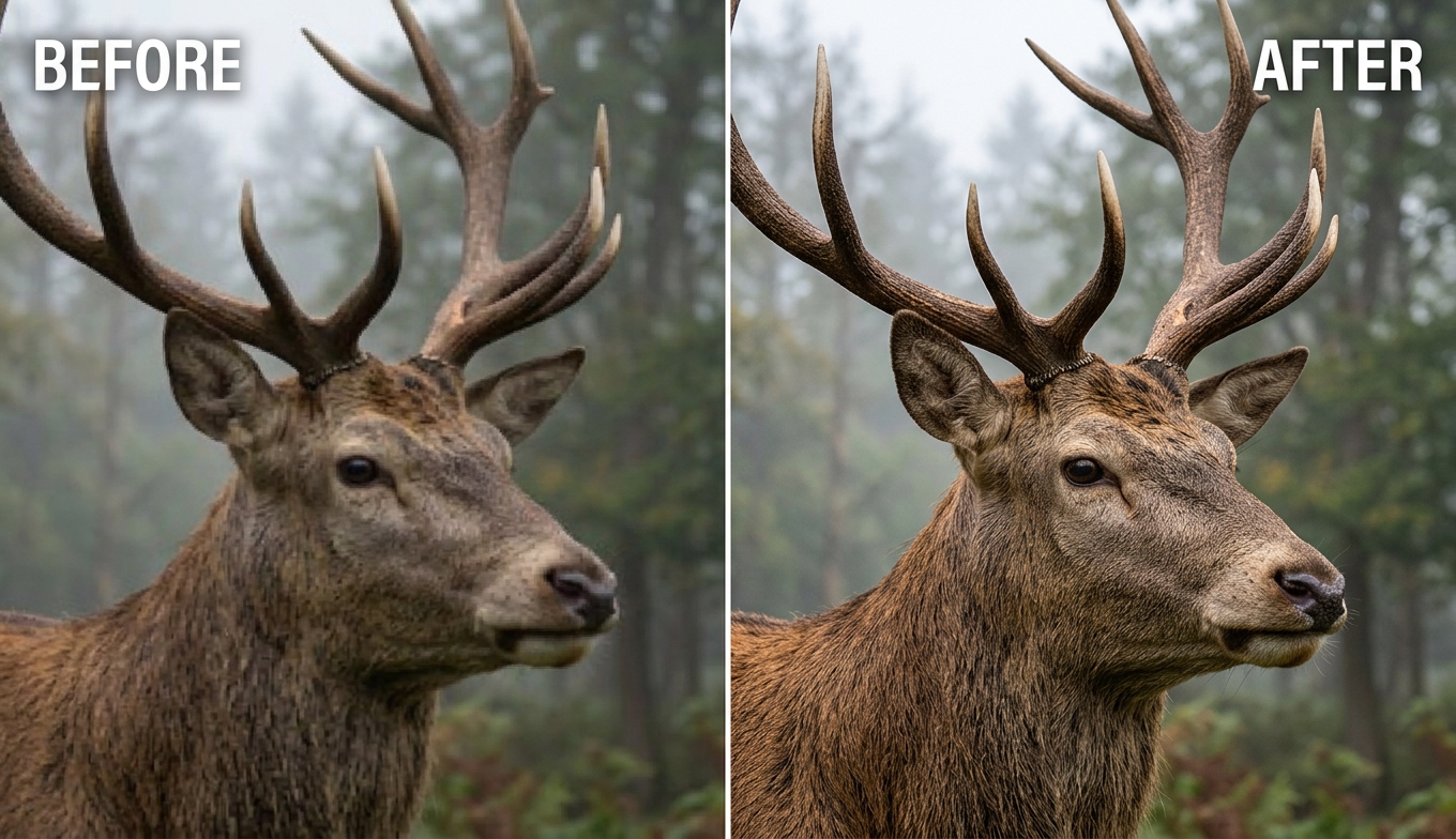 Before and after AI video enhancement of a deer close-up: soft, blurry BEFORE versus razor-sharp 4K AFTER, shown as an illustrative example