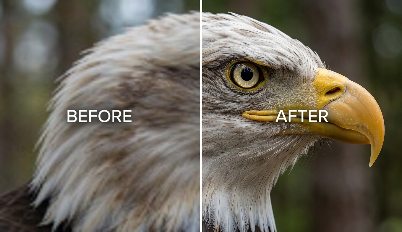 Before and after AI video upscaling of an eagle close-up: blurry BEFORE versus razor-sharp 4K feather detail AFTER, shown as an illustrative example