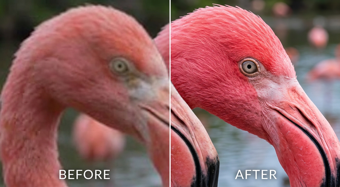 Before and after AI video enhancement of a flamingo close-up: blurry BEFORE versus razor-sharp 4K feather detail AFTER, shown as an illustrative example