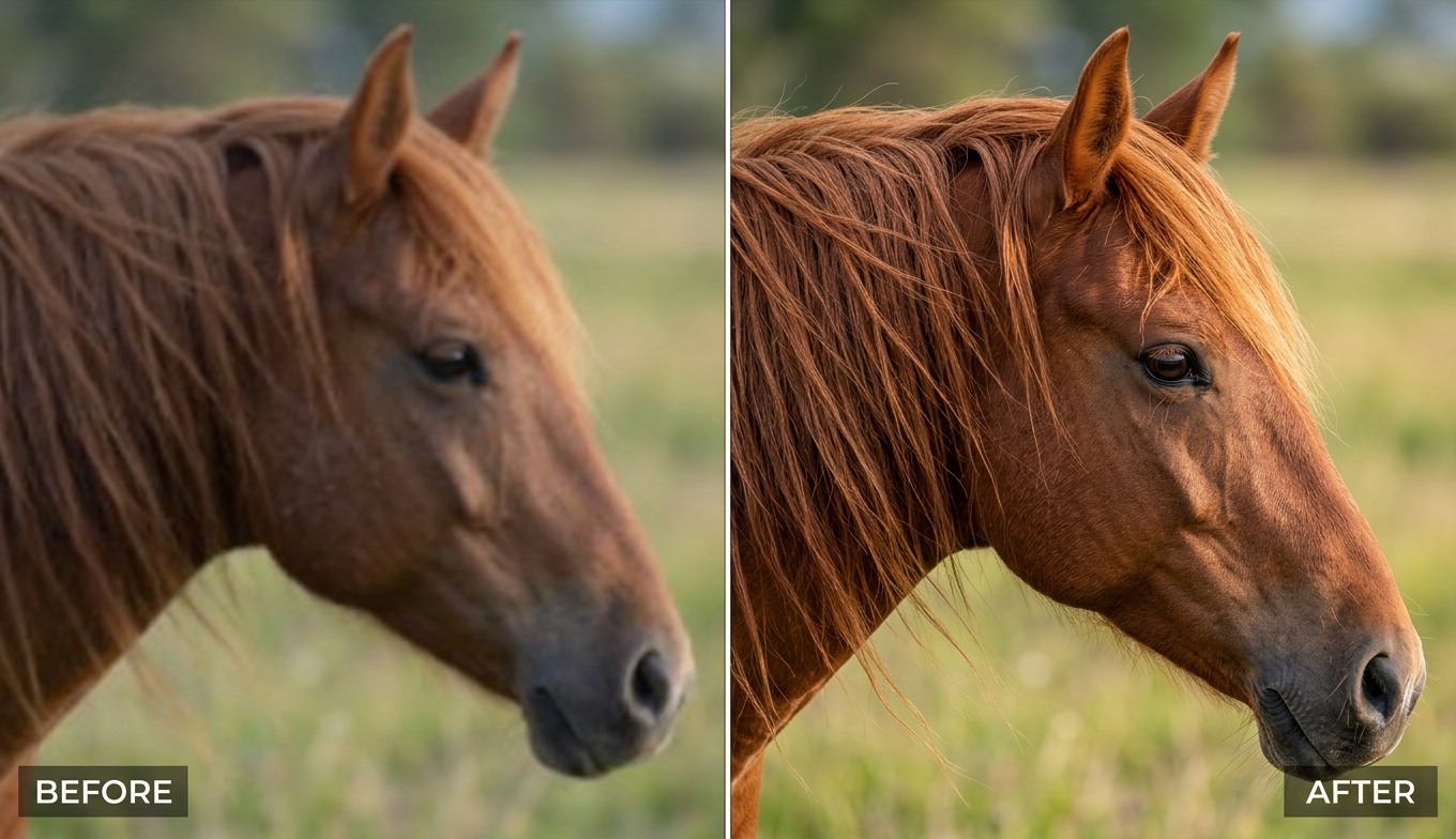 Before and after AI video quality repair of a horse close-up: blurry BEFORE versus razor-sharp 4K mane detail AFTER, shown as an illustrative example
