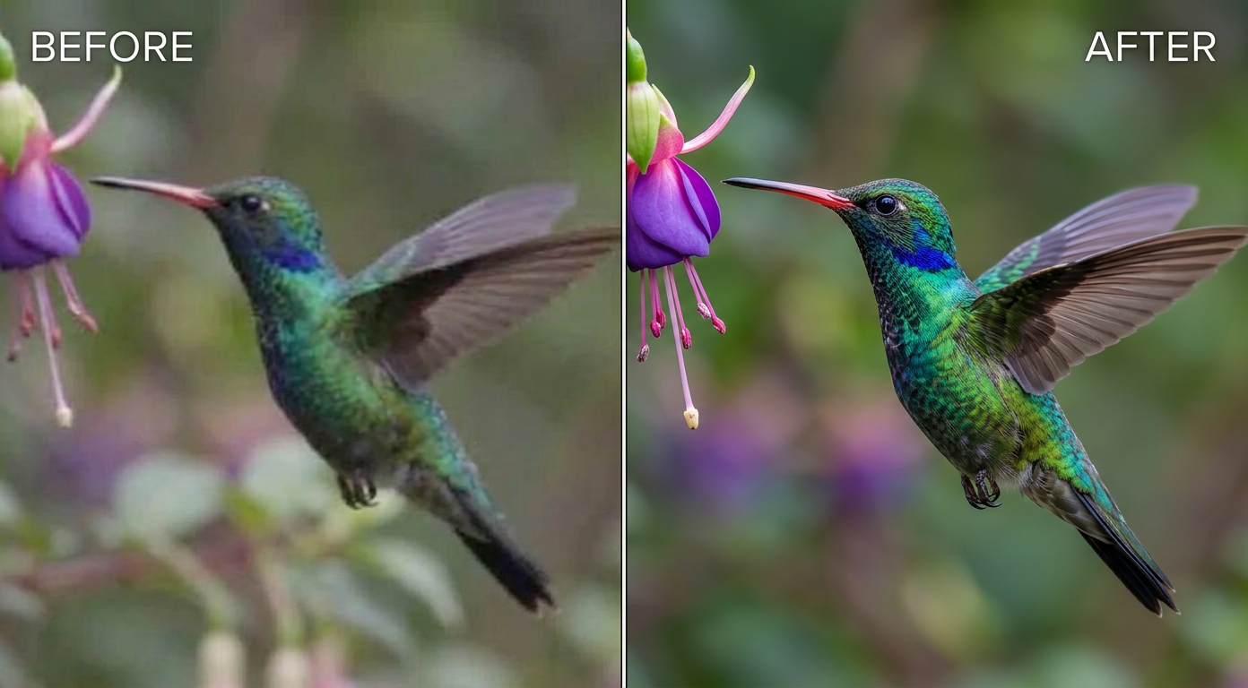 Before and after AI video enhancement of a hummingbird clip: blurry BEFORE versus razor-sharp 4K AFTER, shown as an illustrative example