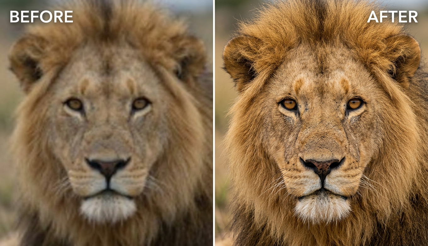 Before and after AI video enhancement of a lion close-up: blurry BEFORE versus razor-sharp 4K mane detail AFTER, shown as an illustrative example