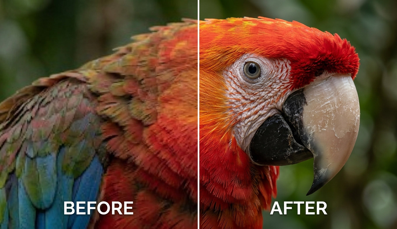 Before and after AI 4K upscaling of a macaw close-up: blurry, muddy BEFORE versus razor-sharp 4K feather detail AFTER, shown as an illustrative example