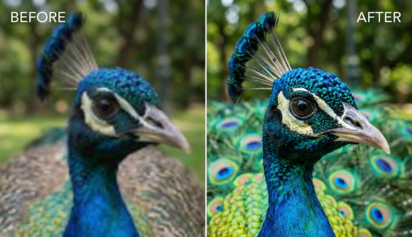 Before and after AI video enhancement of a peacock close-up: blurry, dull BEFORE versus razor-sharp iridescent 4K AFTER, shown as an illustrative example
