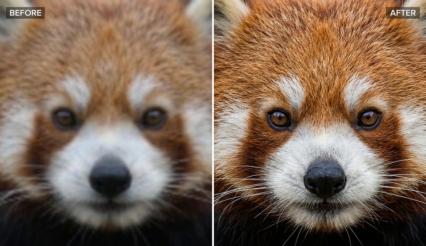 Before and after AI video enhancement of a red panda close-up: blurry BEFORE versus razor-sharp 4K fur detail AFTER, shown as an illustrative example