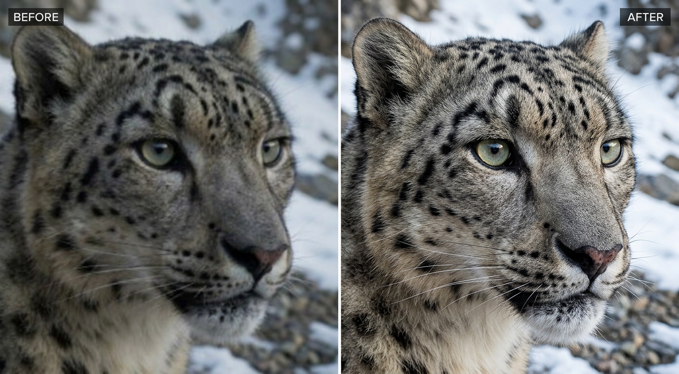 Before and after AI video enhancement of a snow leopard close-up: blurry BEFORE versus razor-sharp 4K fur detail AFTER, shown as an illustrative example