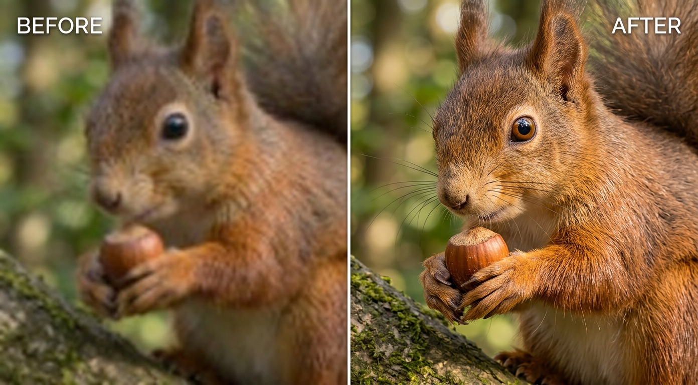Before and after AI video enhancement of a squirrel close-up: blurry BEFORE versus razor-sharp 4K fur detail AFTER, shown as an illustrative example