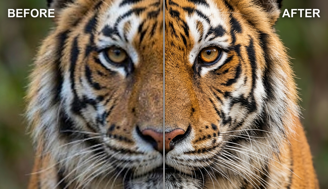 Before and after AI video upscaling of a tiger close-up: blurry, muddy BEFORE versus razor-sharp 4K fur detail AFTER, shown as an illustrative example