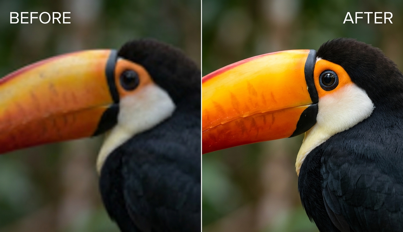 Before and after AI video enhancement of a toucan close-up: blurry BEFORE versus razor-sharp 4K feather and beak detail AFTER, shown as an illustrative example