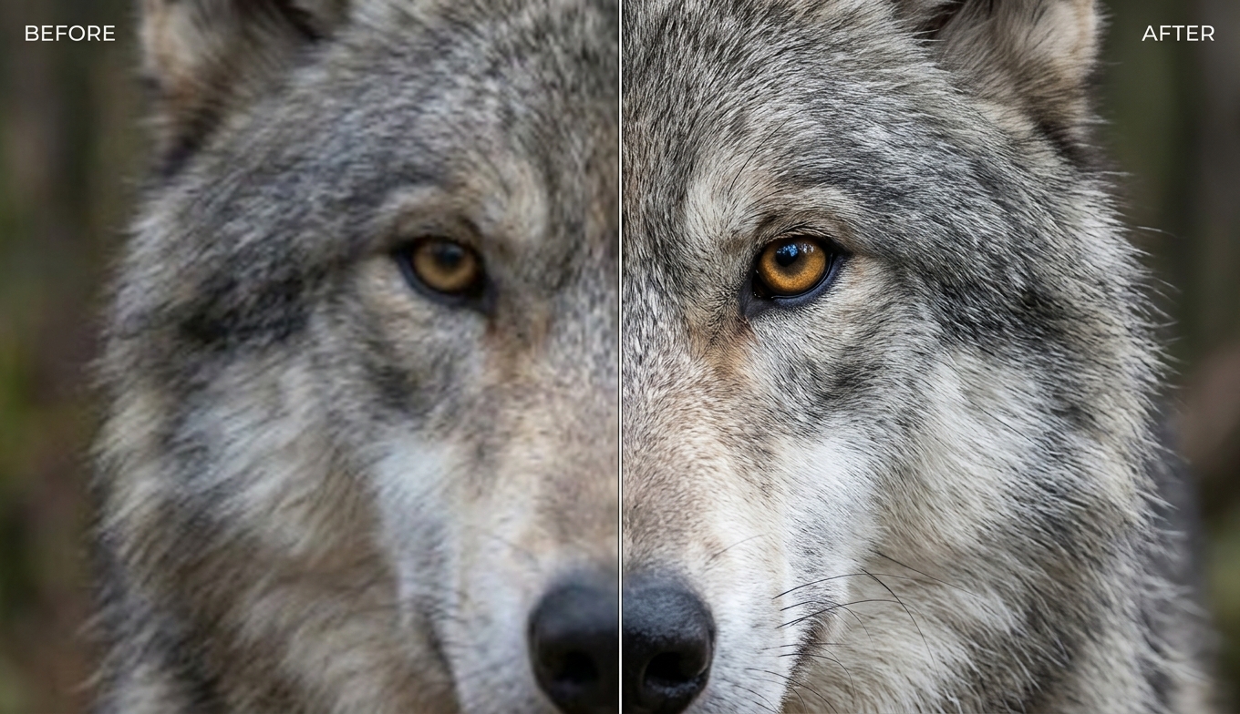 Before and after AI video enhancement of a wolf close-up: blurry BEFORE versus razor-sharp 4K fur detail AFTER, shown as an illustrative example