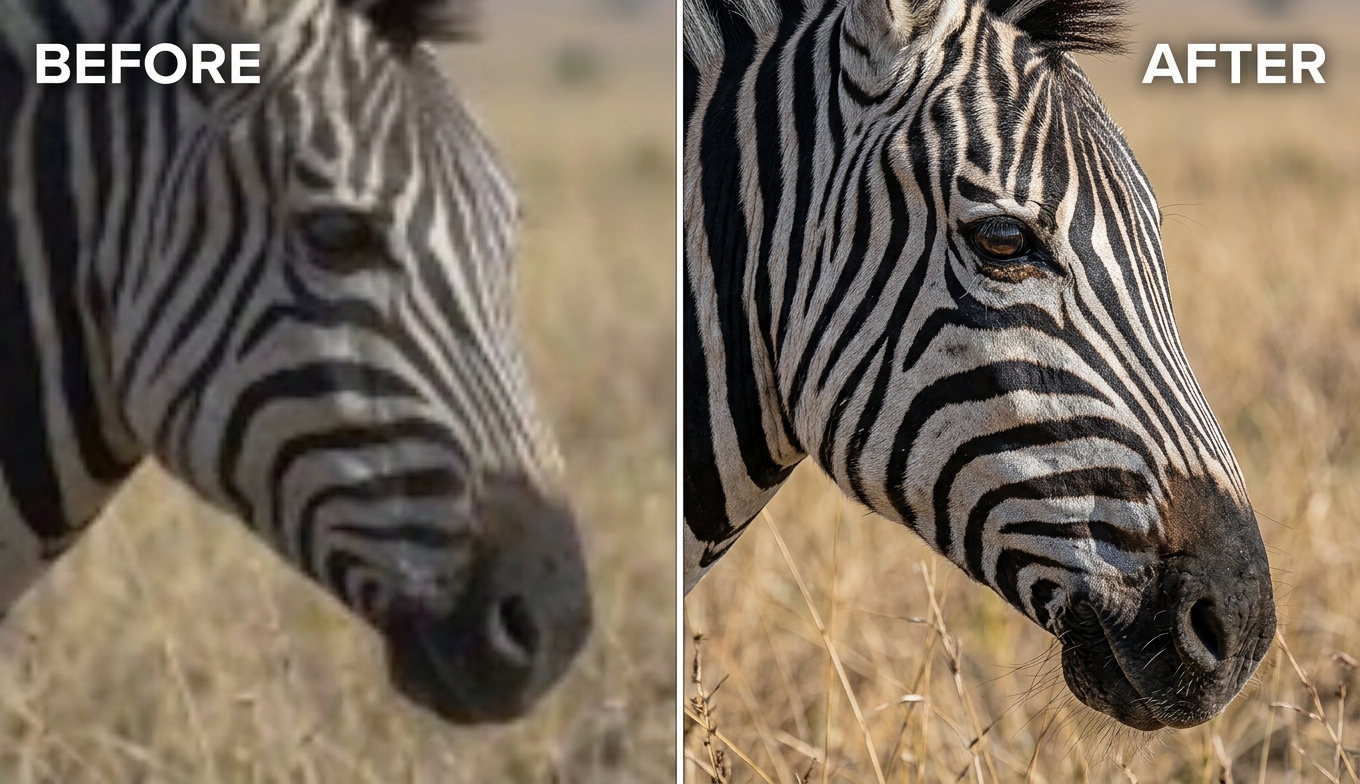 Before and after AI video sharpening of a zebra close-up: blurry BEFORE versus razor-sharp 4K stripe detail AFTER, shown as an illustrative example