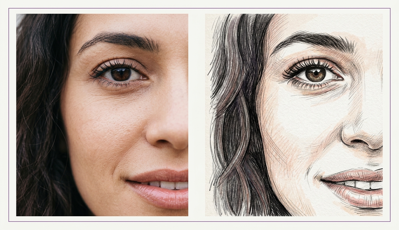 Vergleich Augen und Mund: Original vs. gezeichnete Version bleibt erkennbar (Konzept)