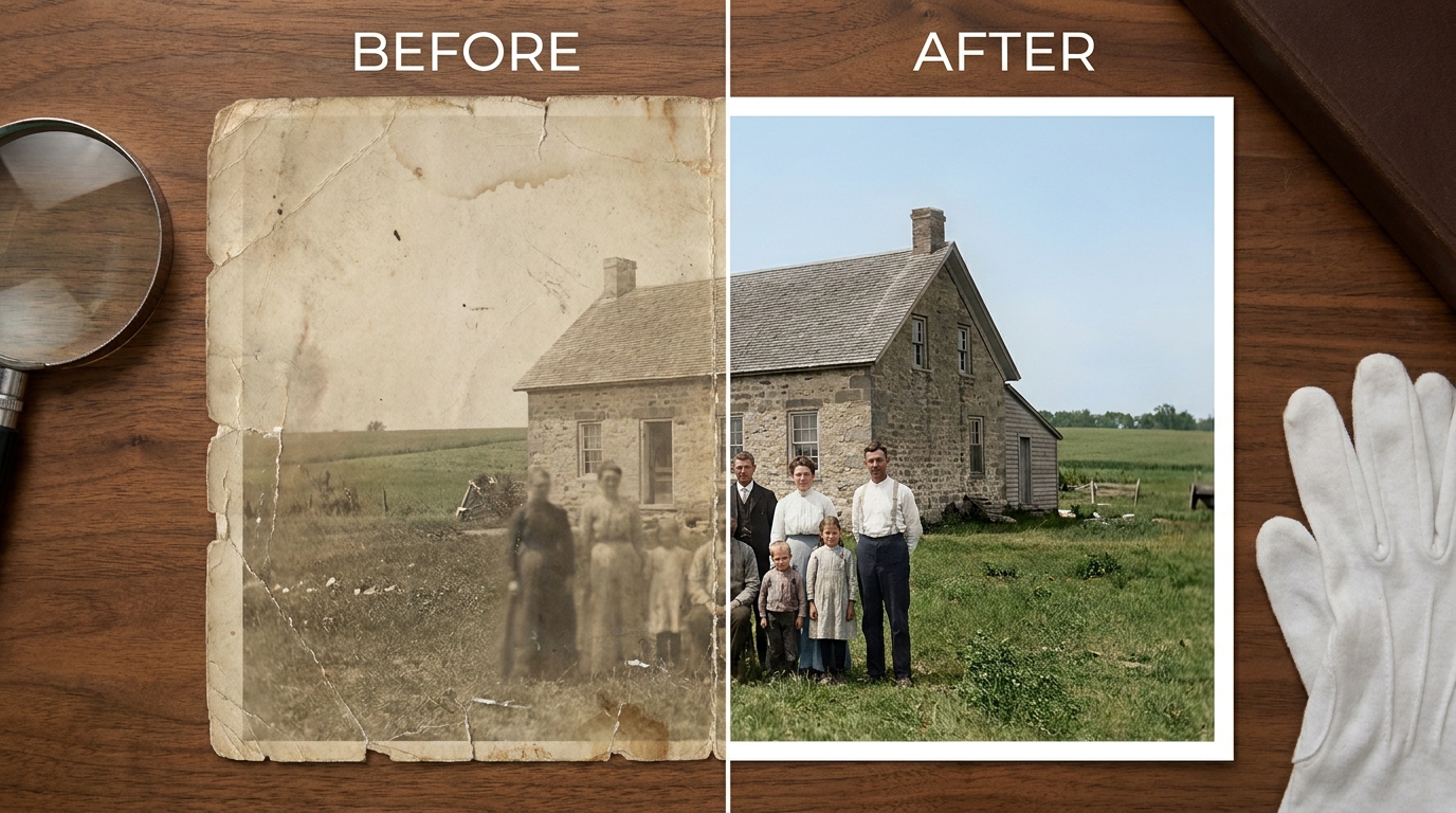 Restore an old photo before archiving - before and after