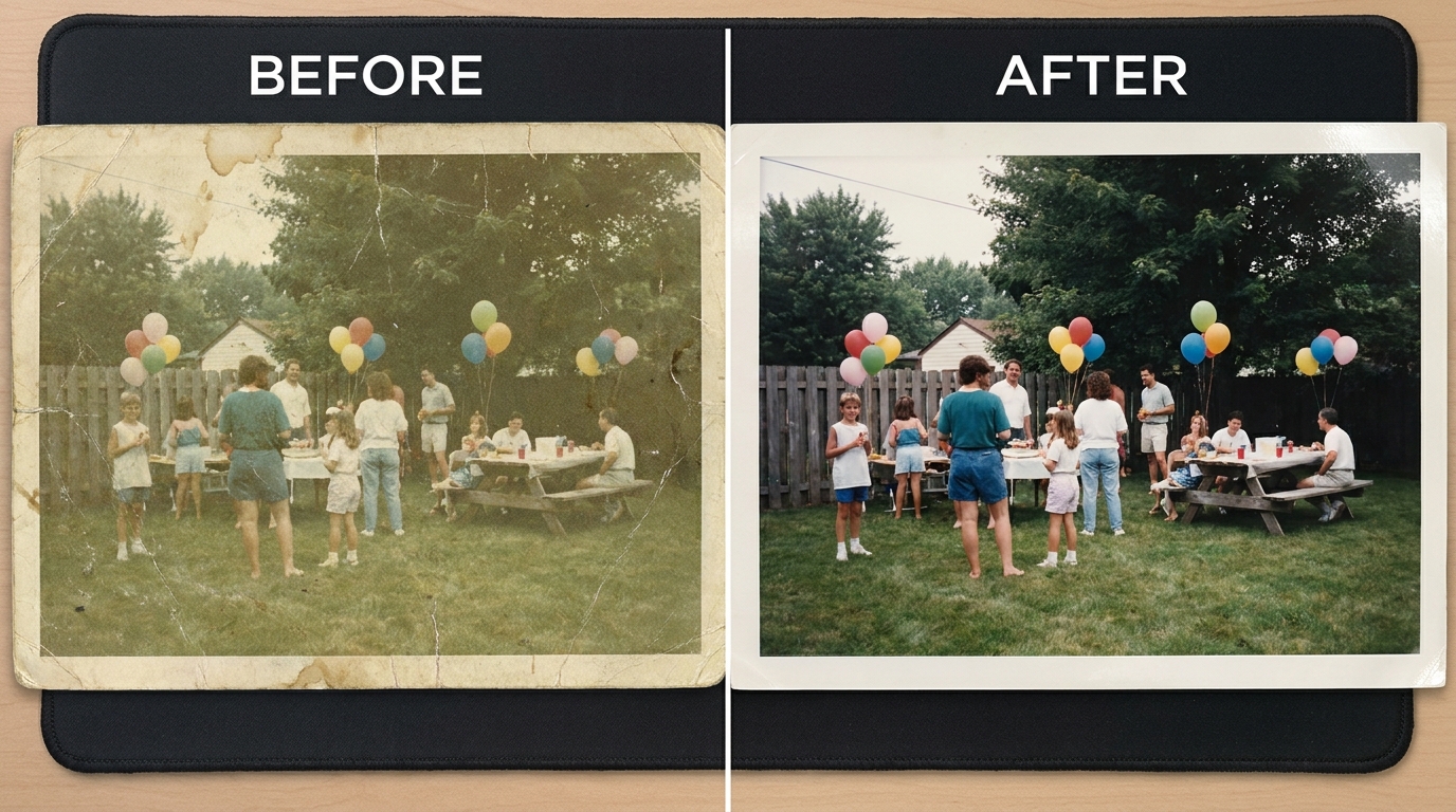 Revert and restore a faded 90s photo - before and after
