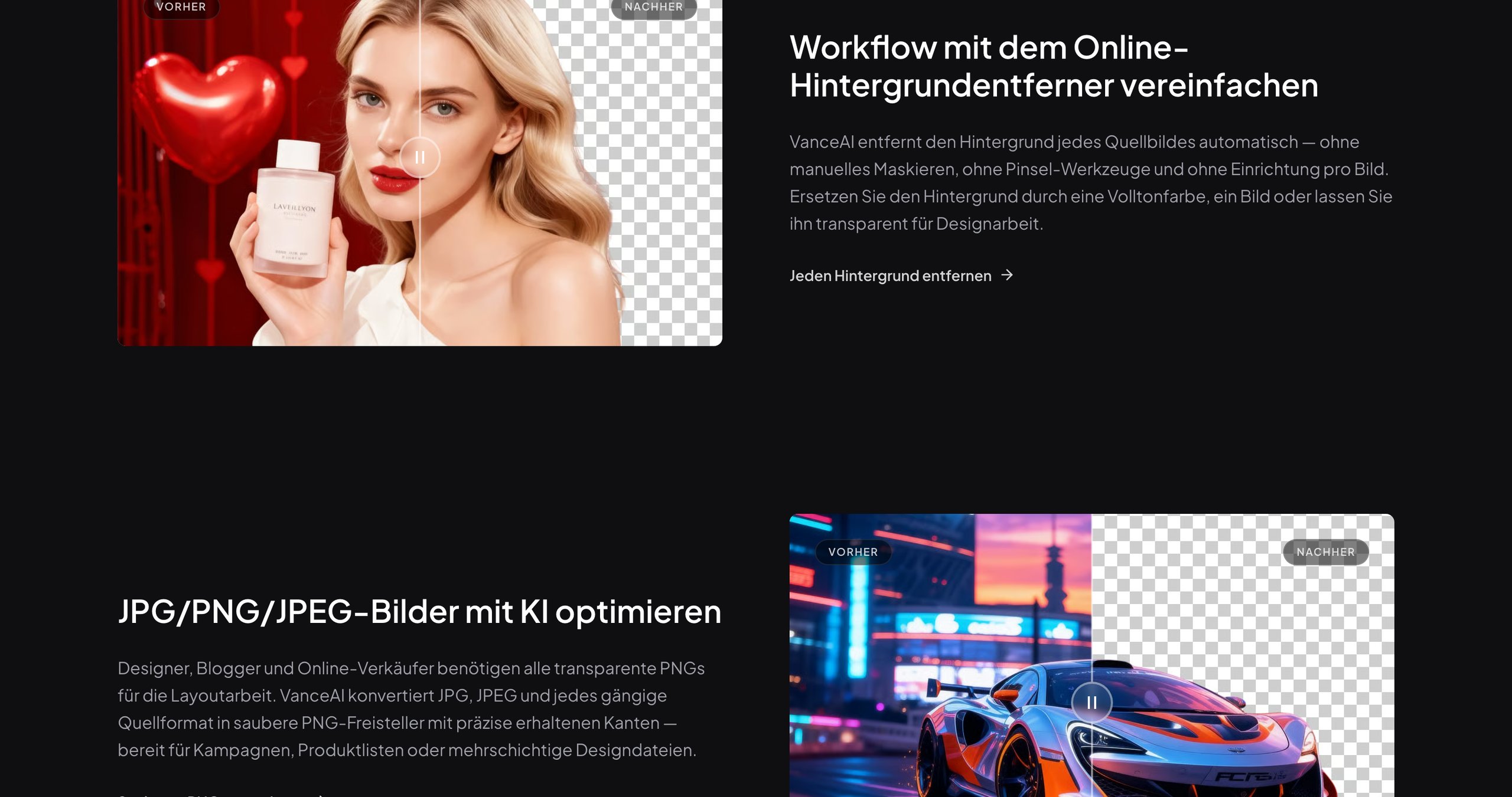 Ablauf im BGremover: Produktfoto hochladen, automatisch freistellen und weißen Hintergrund als Ersatz wählen