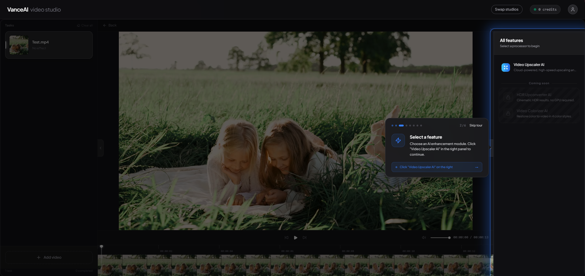 VanceAI Video Upscaler web app — add video step