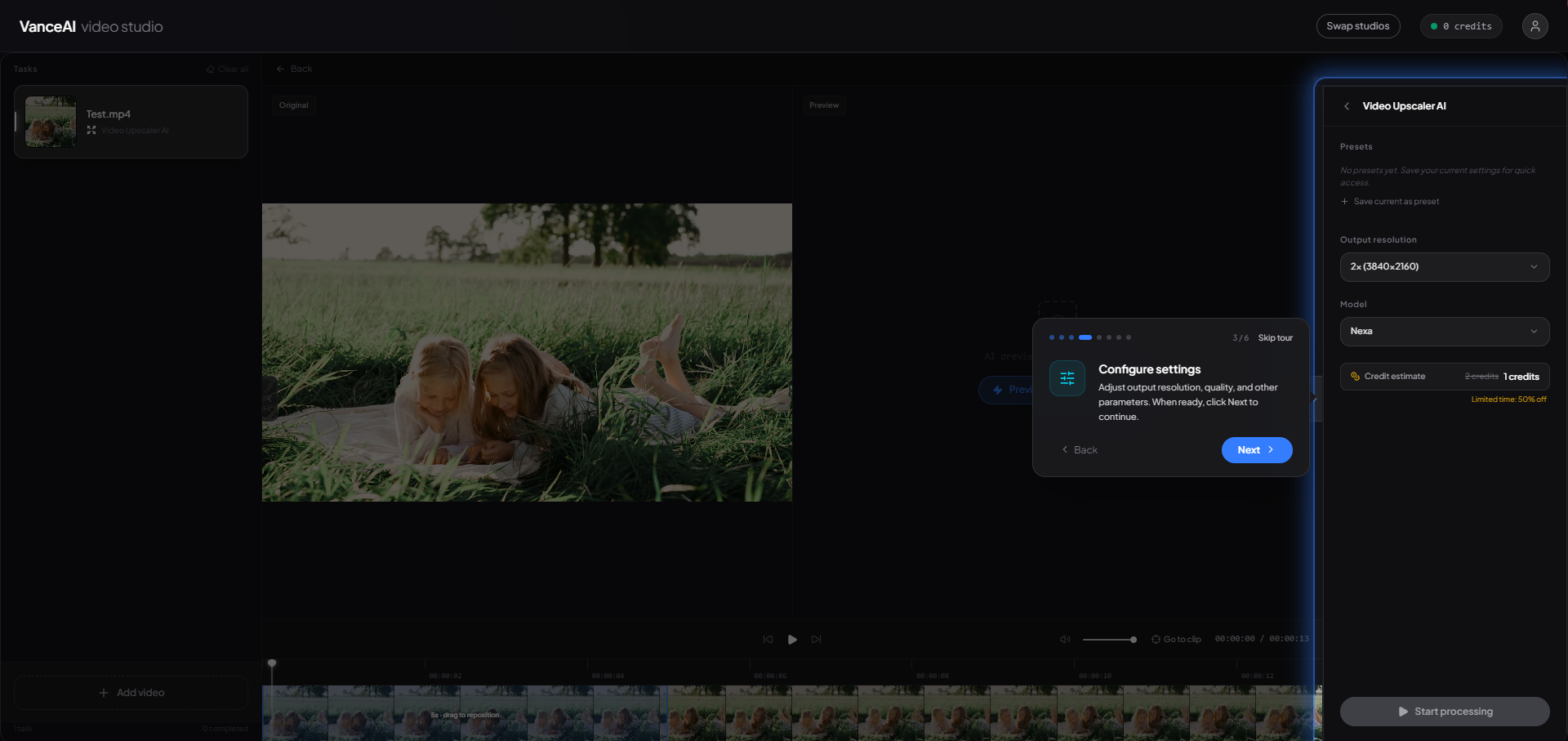 VanceAI Video Upscaler web app — select Video Upscale AI feature