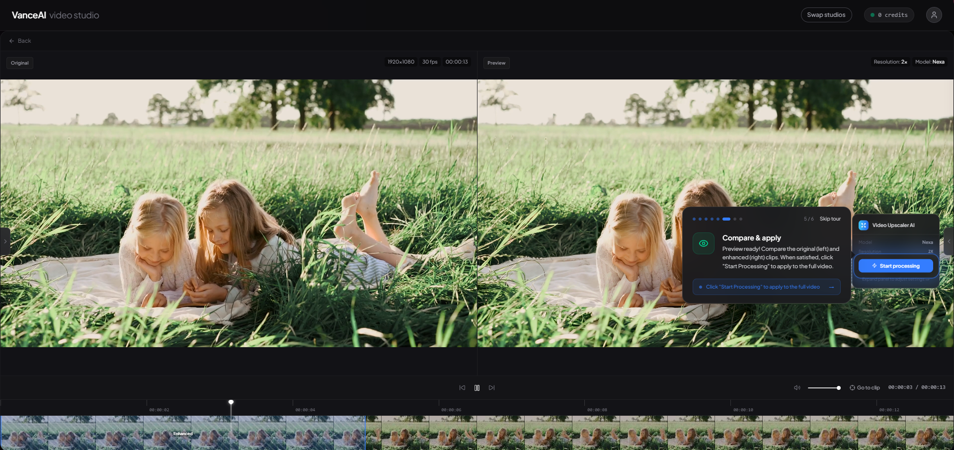 VanceAI Video Upscaler web app — output resolution dropdown six options 4K 1440p 1080p 720p