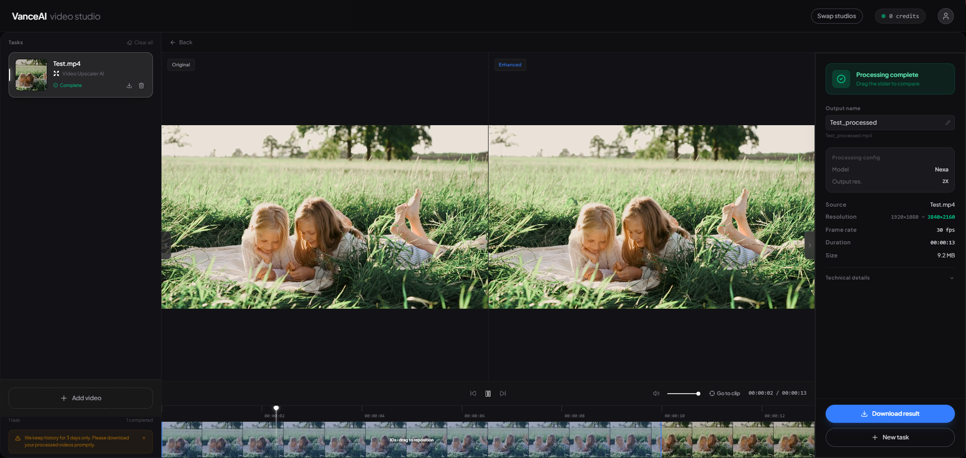 VanceAI Video Upscaler web app — processing complete result