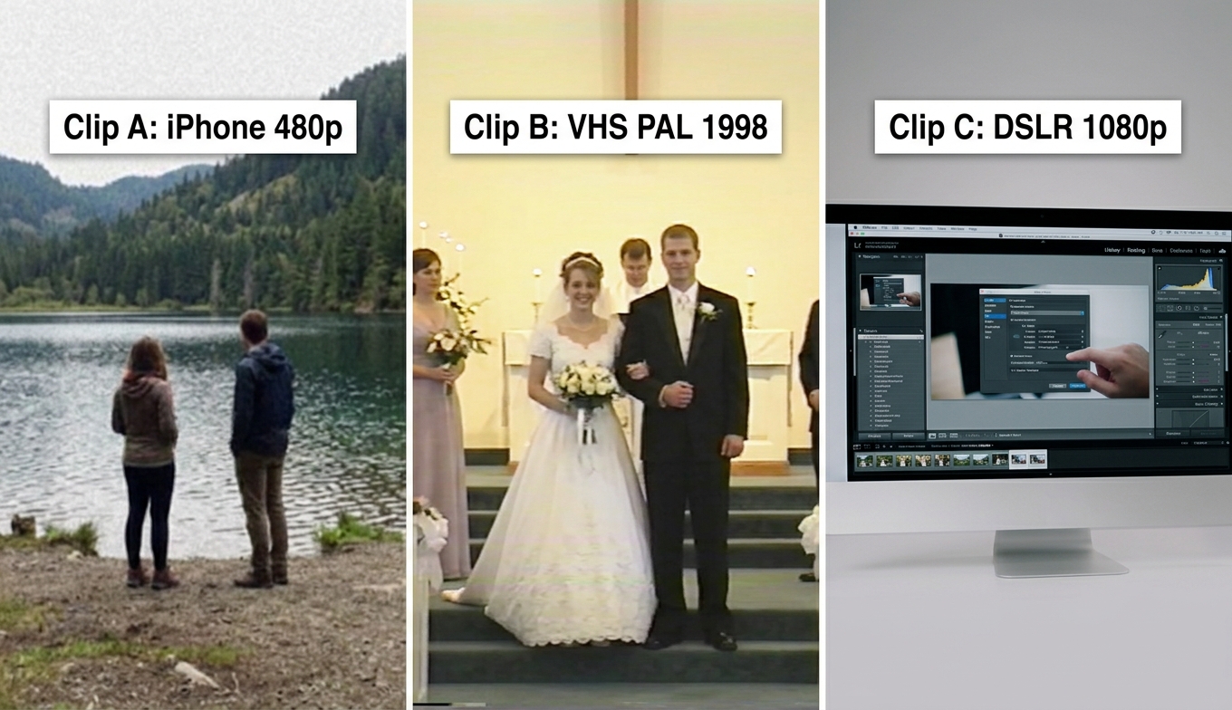 Drei Testclips vor dem KI-Upscale: 480p iPhone-Aufnahme, VHS-Digitalisierung und 1080p DSLR-Material im Vergleich. Bildquelle: aus realem Test.