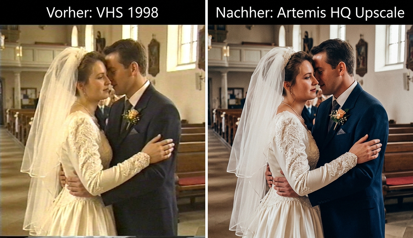 Vorher-Nachher-Vergleich: VHS-Hochzeitsclip vor und nach Topaz Artemis High Quality Upscale. Bildquelle: aus realem Test.