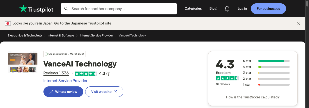 Trustpilot-Profil VanceAI Technology: 4,3 von 5 Sternen aus 1.336 Reviews, „Excellent" eingestuft, Claimed seit März 2021. Stand 9. Juni 2026.