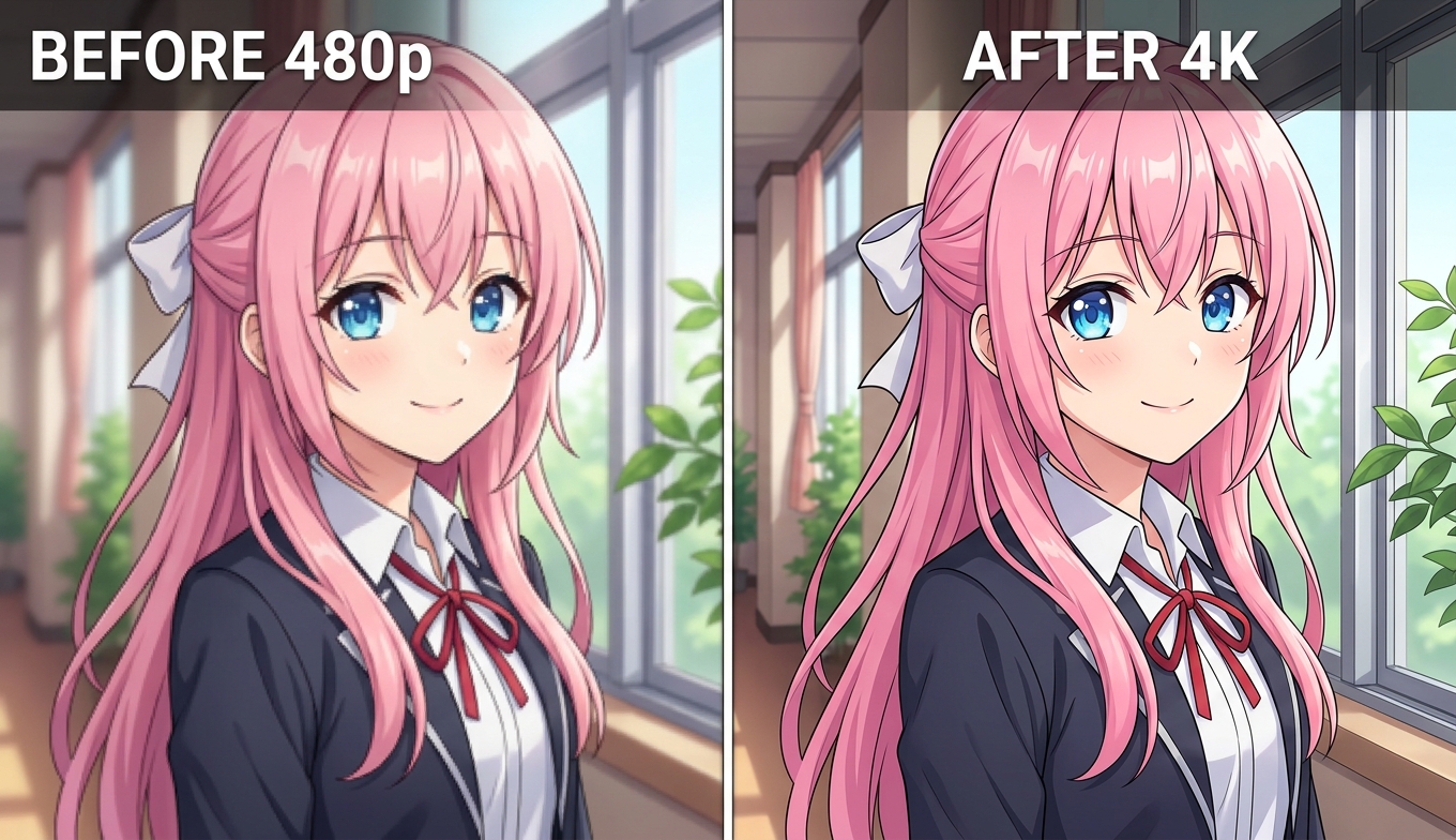 Before and after AI upscaling of an anime frame: soft 480p on the left, crisp 4K line art on the right, shown as an illustrative example
