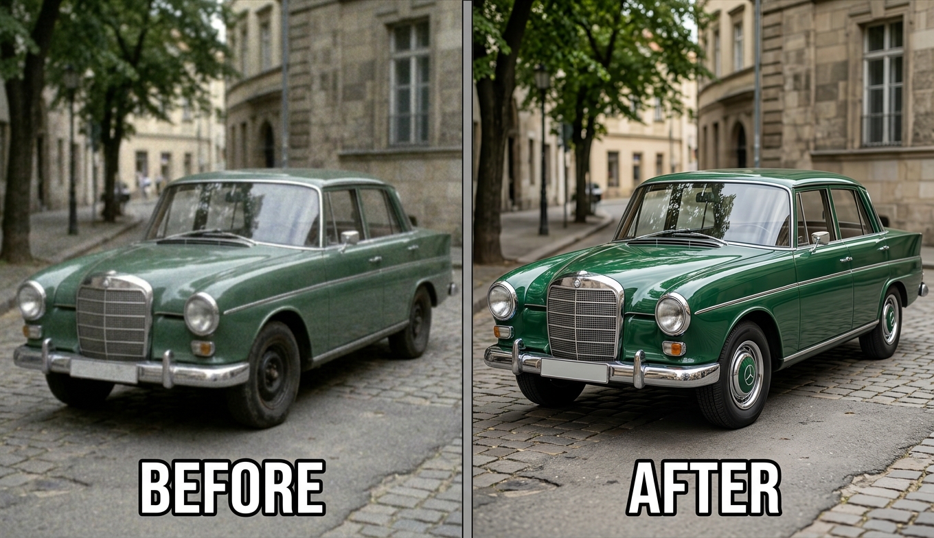 Before and after AI upscaling of a classic-car clip: low-res on the left, sharp 4K chrome and paint detail on the right, shown as an illustrative example