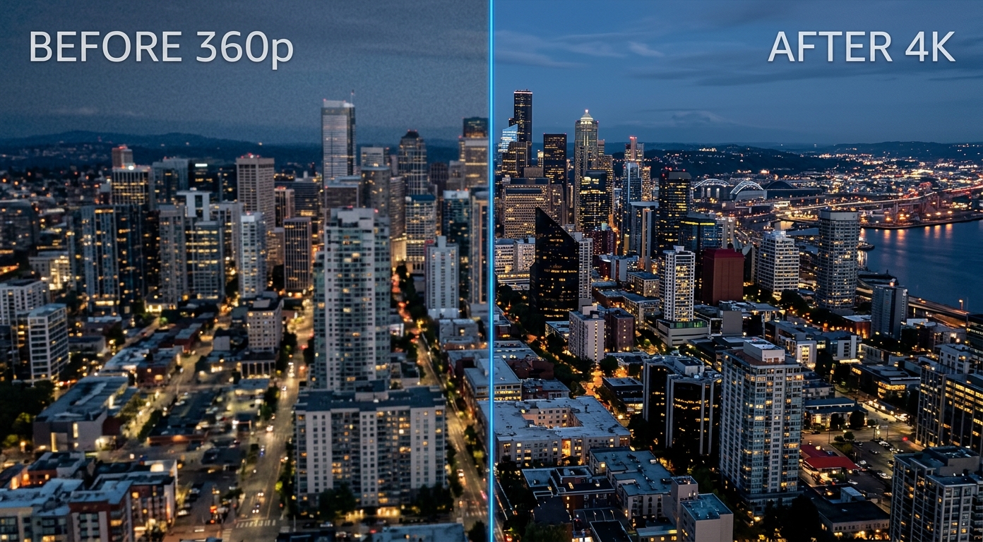 Before and after AI video upscaling of a city skyline drone shot: soft 360p on the left, crisp 4K on the right, shown as an illustrative example