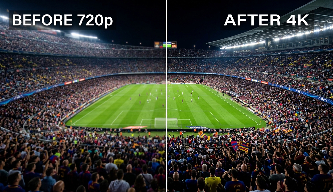 Before and after AI 4K upscaling of a stadium clip: soft 720p on the left, crisp 4K crowd and field detail on the right, shown as an illustrative example