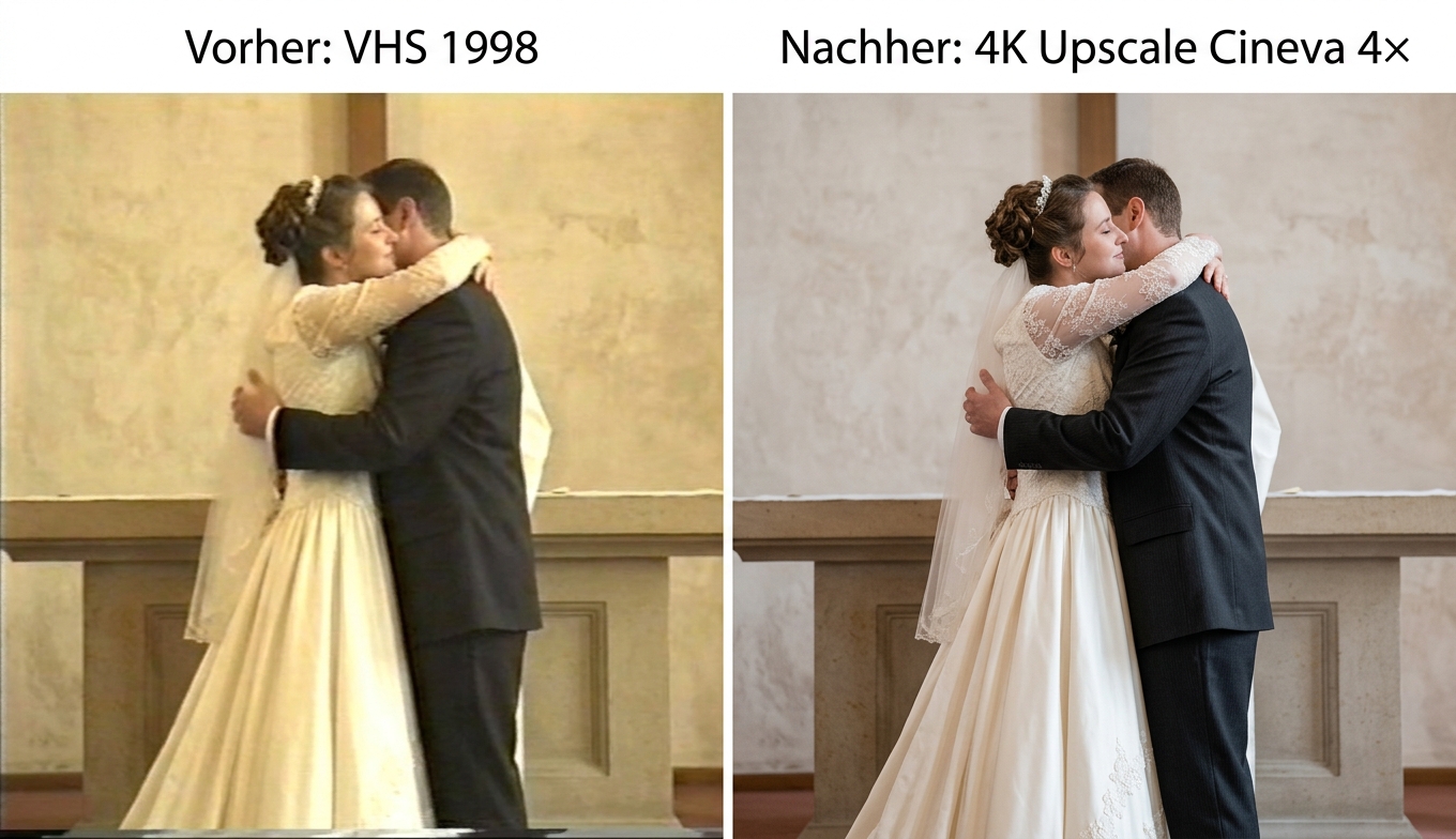 Vorher-Nachher-Vergleich: VHS-Hochzeitsclip vor und nach Cineva-Upscale 4× durch VanceAI Video Upscaler. Bildquelle: aus realem Test.