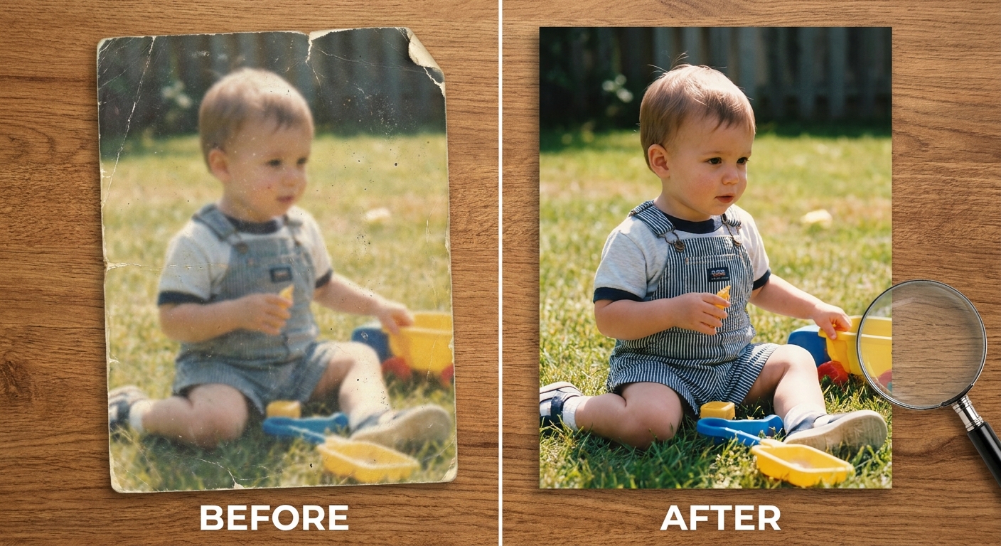 Before and after of a scratched faded childhood photo restored to sharp 4K with VanceAI Photo Restorer
