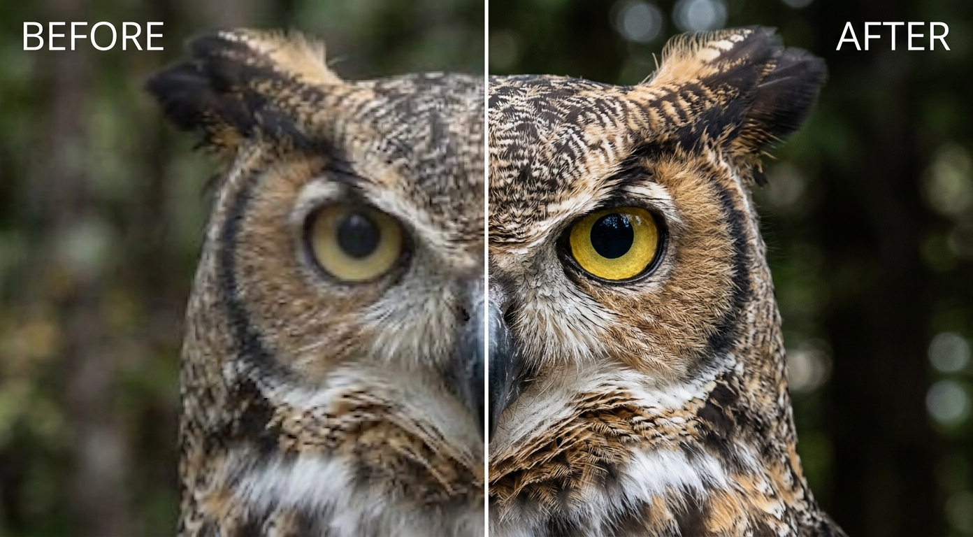 Before and after AI video enhancement on a wildlife clip: a blurry, blocky BEFORE half versus a razor-sharp 4K AFTER half with crisp feather detail, shown as an illustrative example