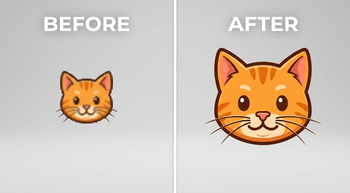 VanceAI Image Upscaler before and after: a tiny pixelated Discord cat emoji on the left upscaled to a sharp 4K emoji on the right