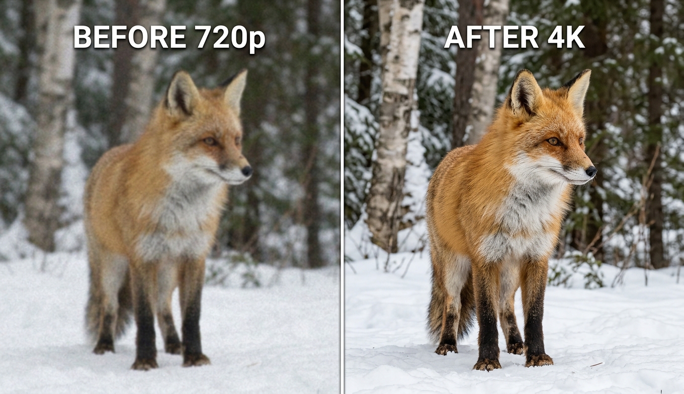 Before and after AI video upscaling of a wildlife clip: soft 720p fox on the left, sharp 4K fur detail on the right, shown as an illustrative example