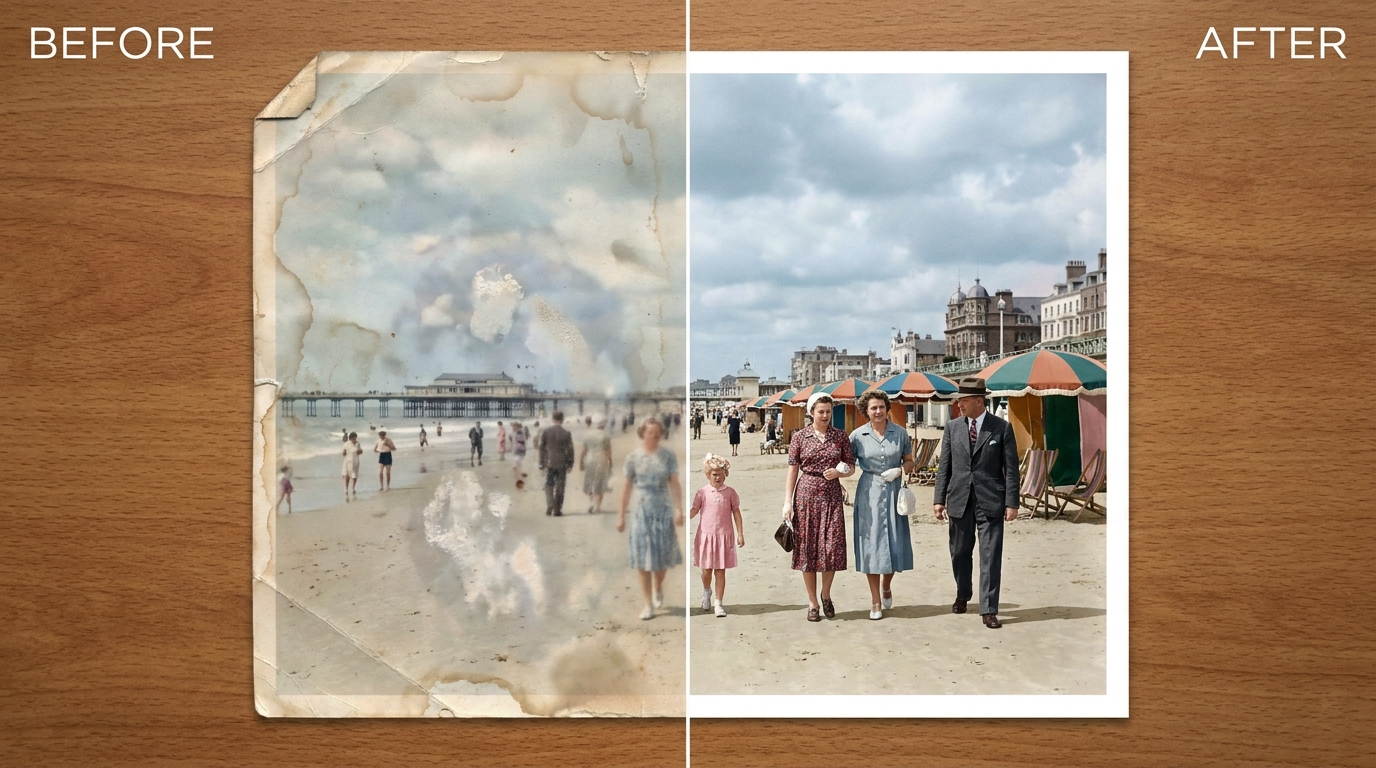 Restore a water-damaged photo with AI - before and after