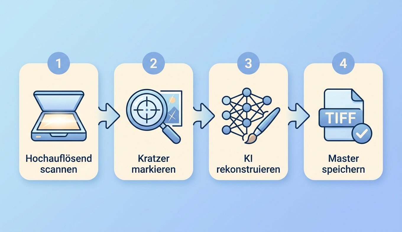 Kratzer-Entfernung Workflow 4 Stufen Scannen Markieren KI Master Konzept-Illustration