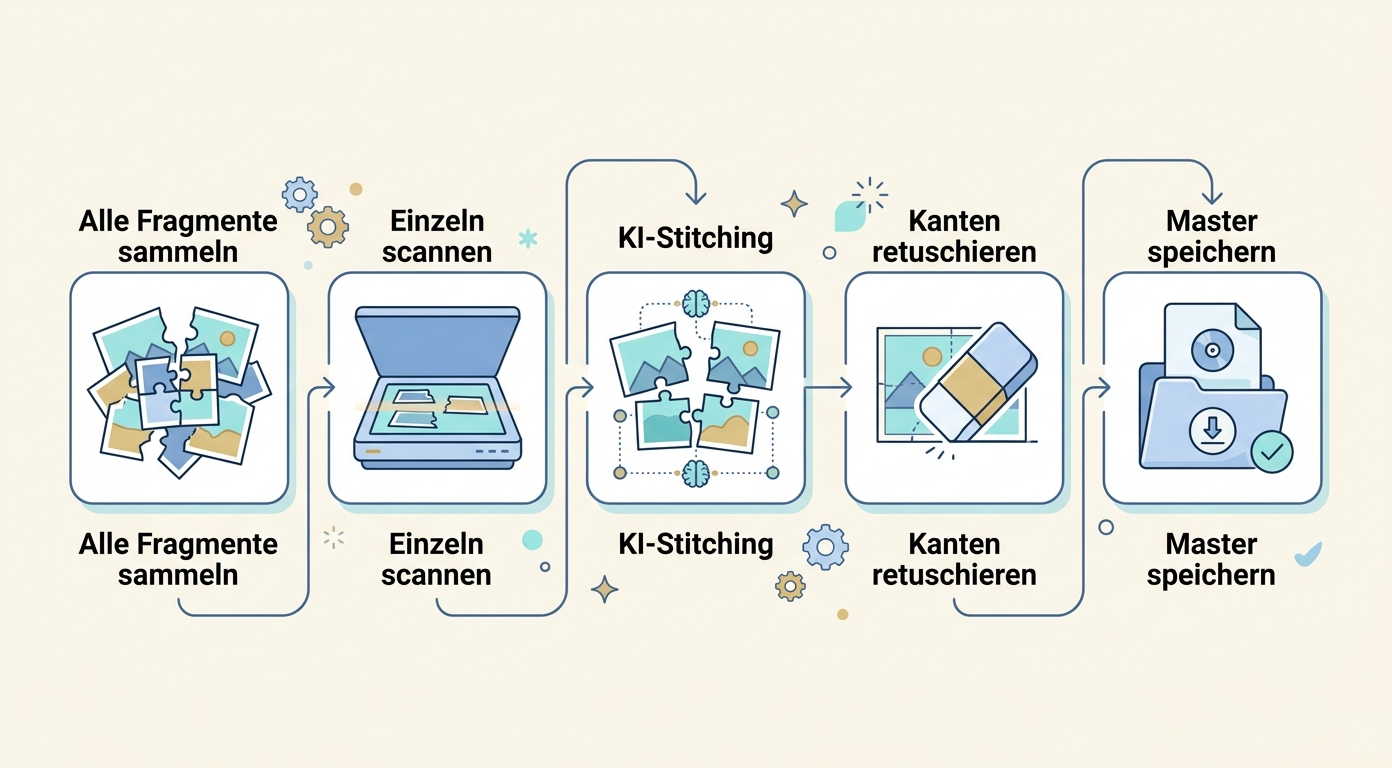 Wiederherstellung 5 Stufen sammeln scannen stitching Kanten Master Konzept-Illustration