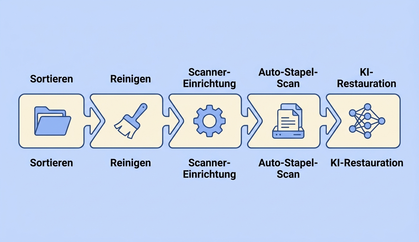 Digitalisierung 5 Stufen Sortieren Reinigen Scan KI Konzept-Illustration