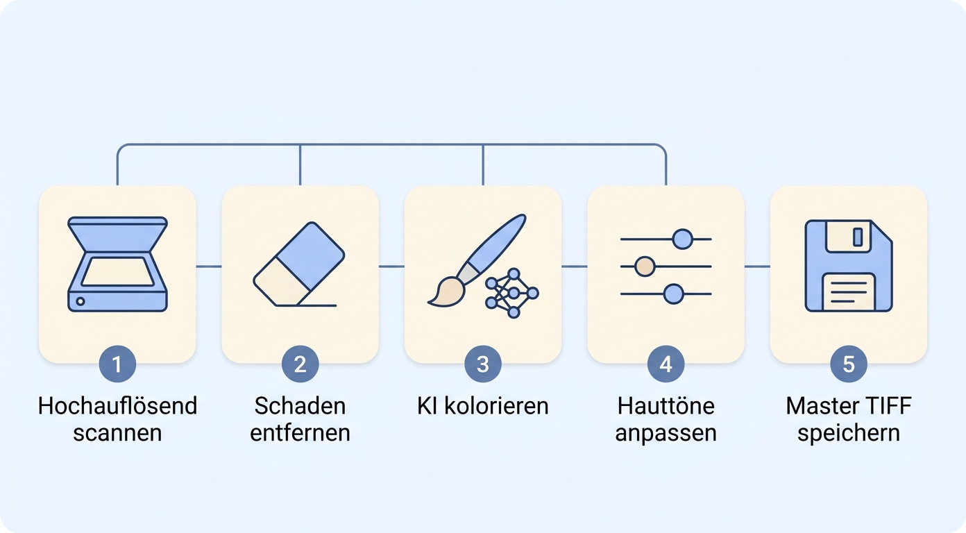 Schwarz-Weiß-Kolorierung 5 Stufen Workflow Konzept-Illustration