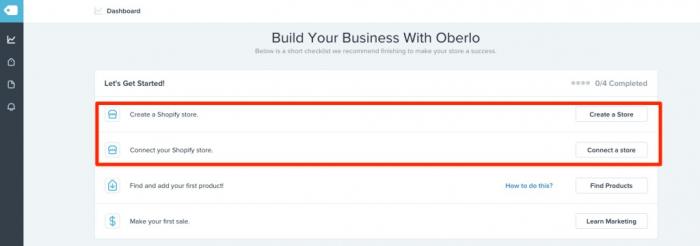 Oberlo's page for creating a new store