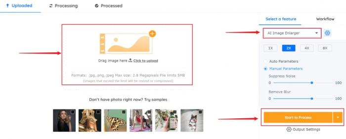 select AI Image Enlarger among features in the workspace