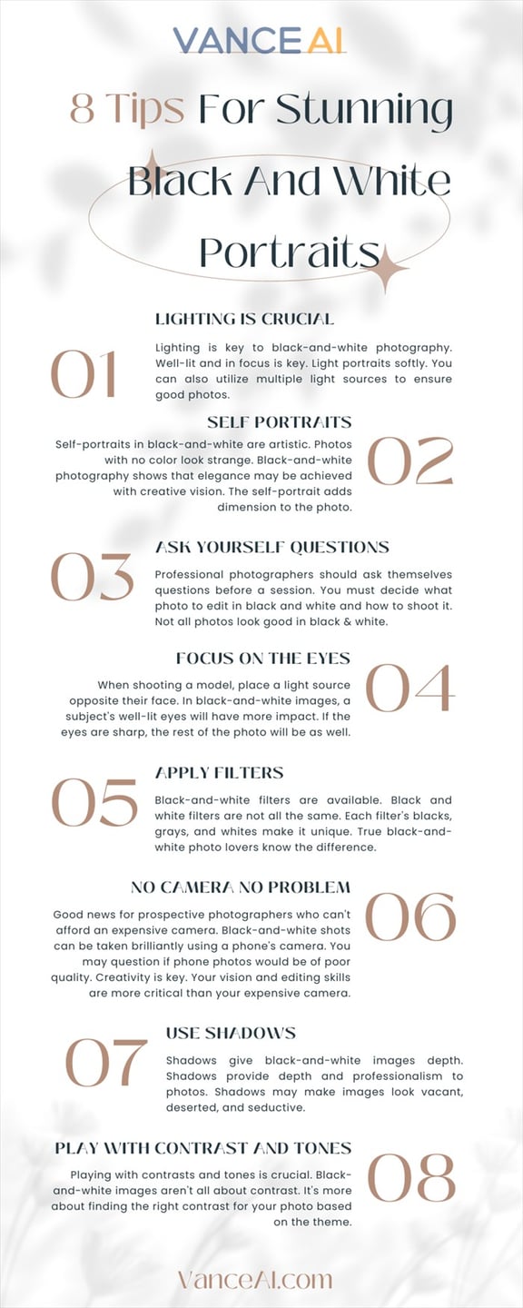 infographic of black and white portrait photography tips